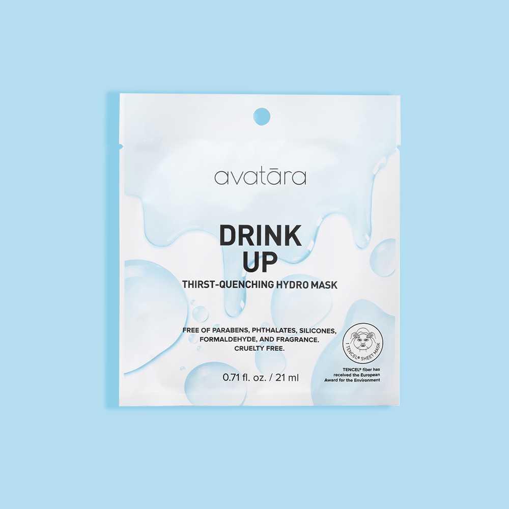 Avatara Drink Up Hydro Mask packaging, thirst-quenching beauty treatment, cruelty-free, 21 ml, on a light blue background.