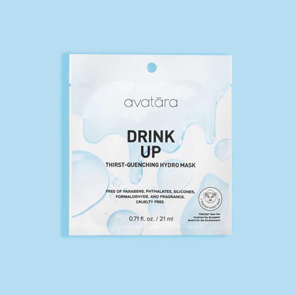 Avatara Drink Up Hydro Mask packaging, thirst-quenching beauty treatment, cruelty-free, 21 ml, on a light blue background.