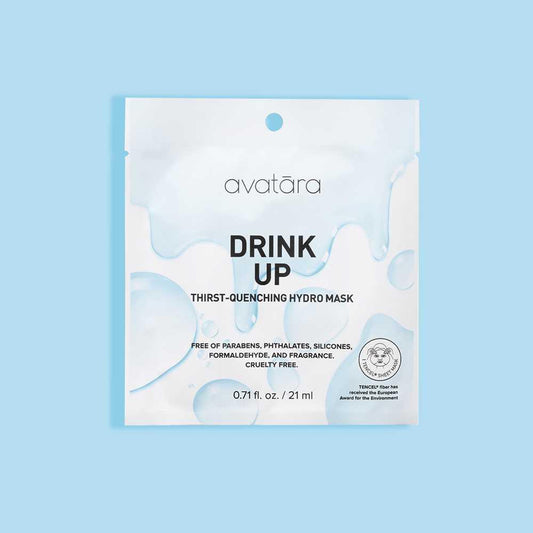 Avatara Drink Up Hydro Mask packaging, thirst-quenching beauty treatment, cruelty-free, 21 ml, on a light blue background.