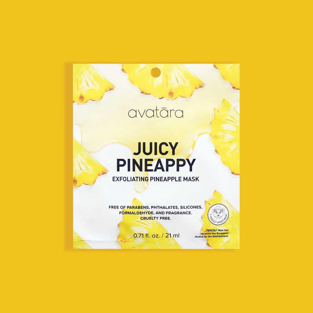 Avatara Juicy Pineappy Exfoliating Pineapple Face Mask packaging, 21 ml, cruelty-free, paraben-free, vibrant yellow background.