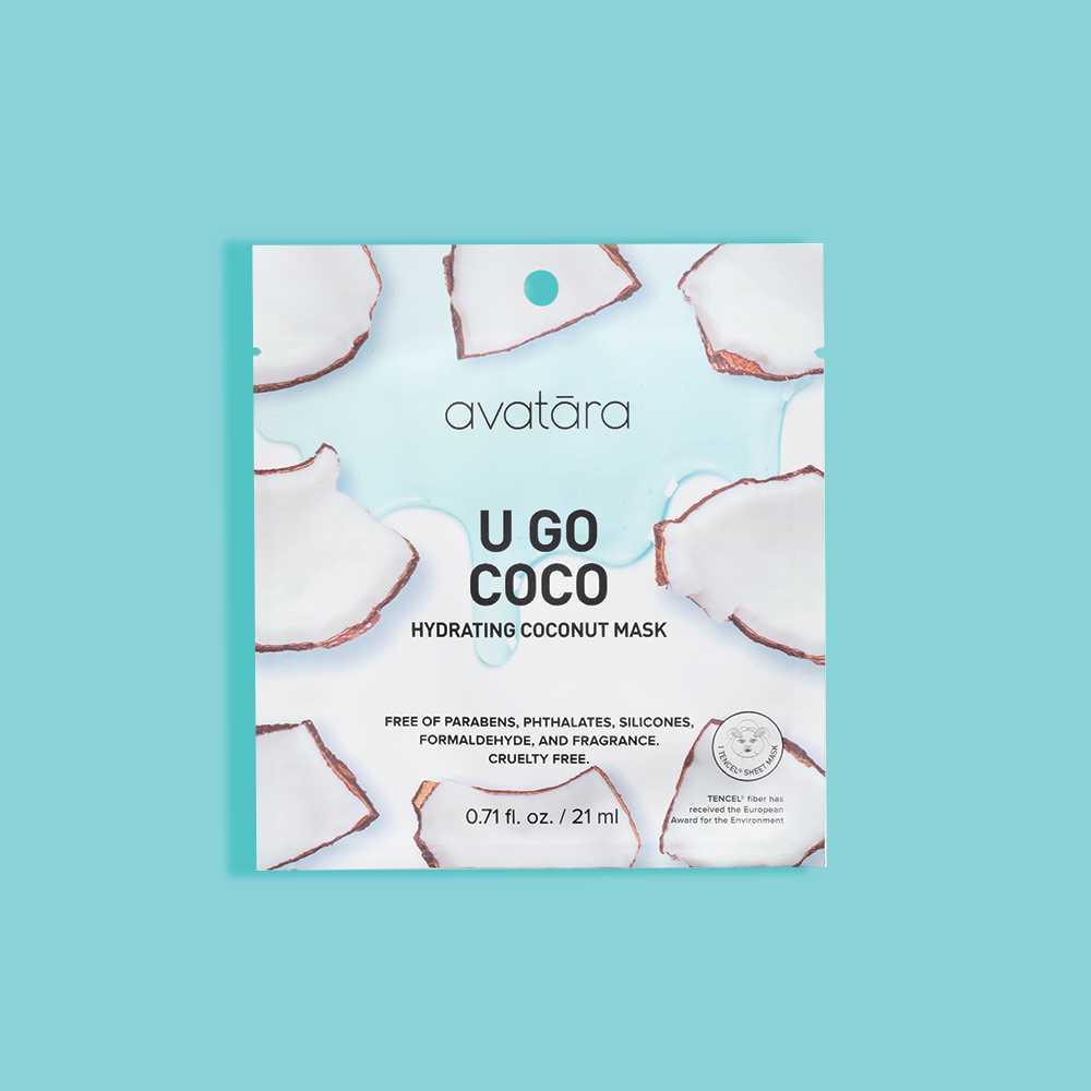 Hydrating coconut face mask packaging by avātara on a blue background, free from harmful additives, cruelty-free.