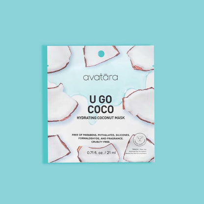 Hydrating coconut face mask packaging by avātara on a blue background, free from harmful additives, cruelty-free.