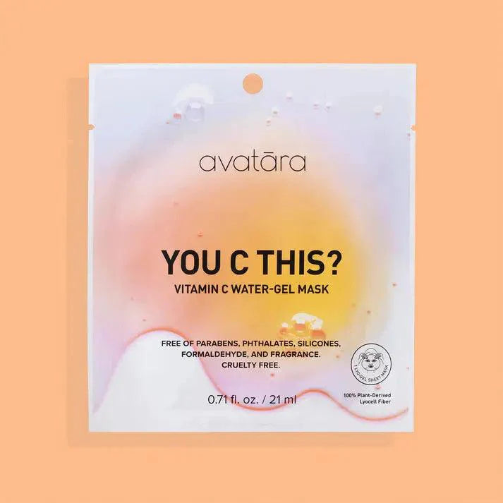 Avatara Vitamin C Water-Gel Face Mask packaging, cruelty-free, 0.71 fl. oz., vibrant design on peach background.