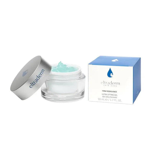Firm Rebalance Ultra Lifting Gel in jar with teal product, for enhanced skin elasticity and tone restoration.