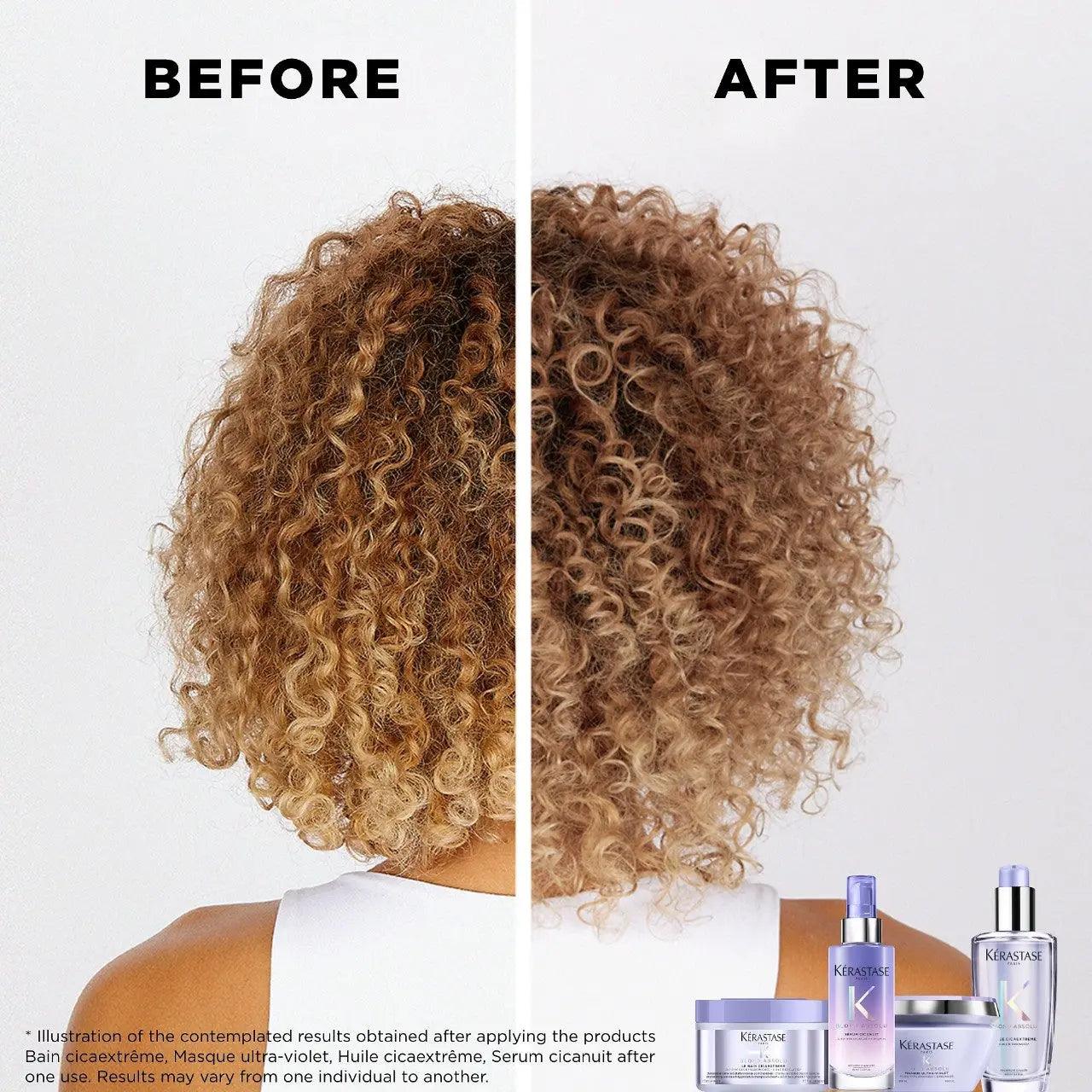 Before and after hair treatment with Kerastase products showing improved curl definition and shine.
