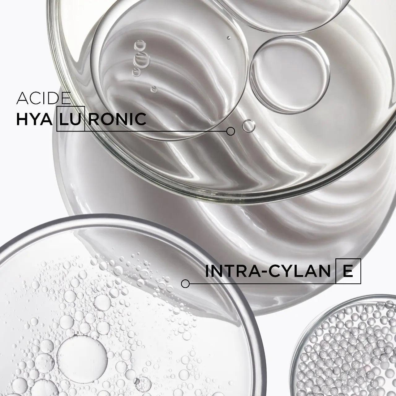 Close-up of hyaluronic acid and intra-cylane ingredients in skincare product.