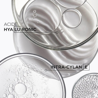 Close-up of hyaluronic acid and intra-cylane ingredients in skincare product.