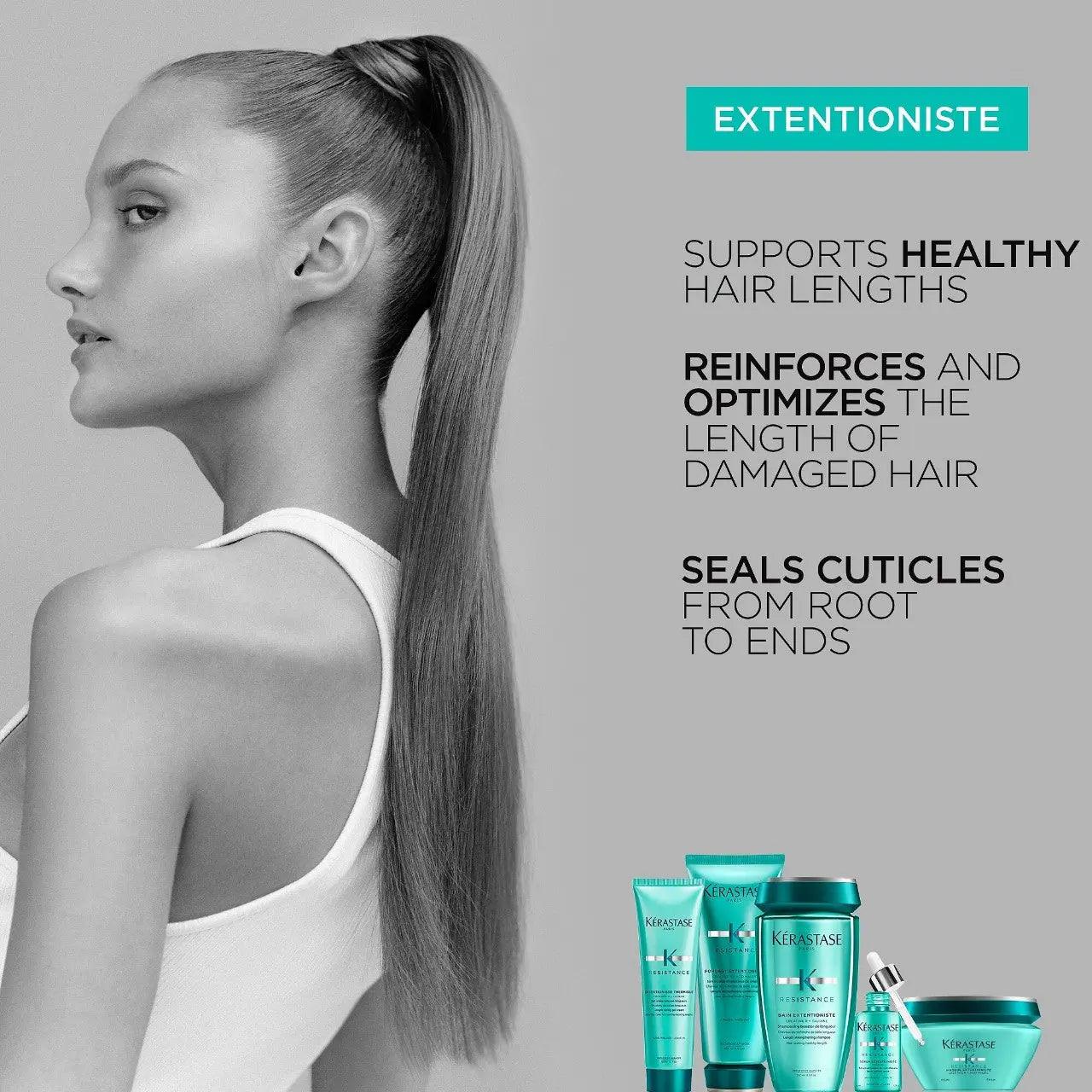 Hair care products for healthy hair lengths, reinforcing and optimizing damaged hair, sealing cuticles from root to ends.