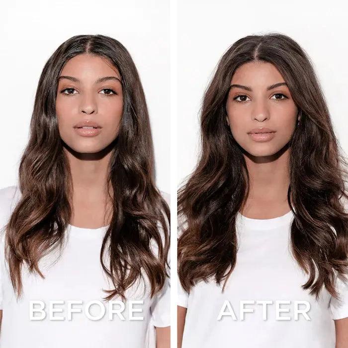 Before and after hair transformation of a woman with smooth, voluminous, and shiny hair, highlighting the benefits of hair care products.