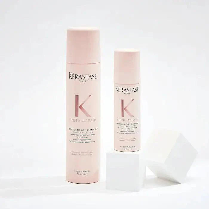 Kérastase Fresh Affair Dry Shampoo bottles on white background for refreshing hair between washes.