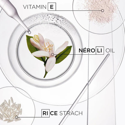 Skincare ingredients including Vitamin E, Neroli oil, and rice starch displayed in scientific glassware.