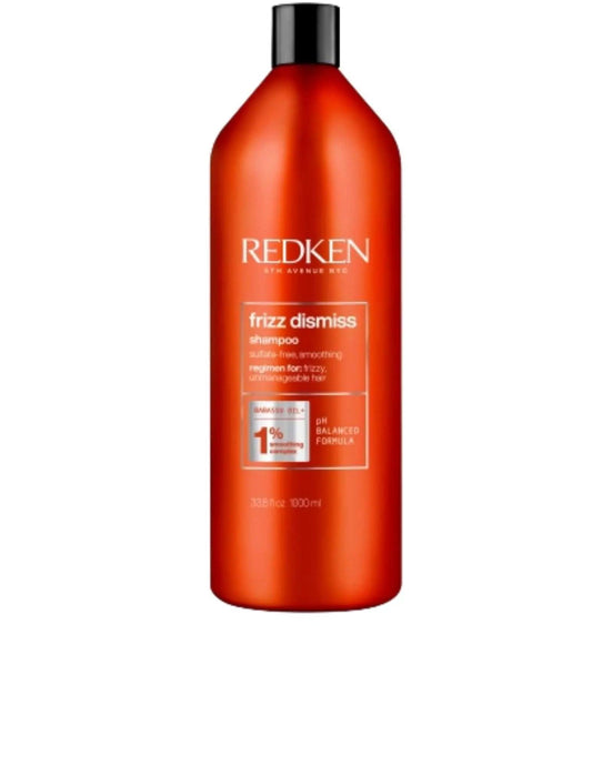 Redken Frizz Dismiss Shampoo 1L bottle designed to control frizz and smooth all hair types for a polished finish.