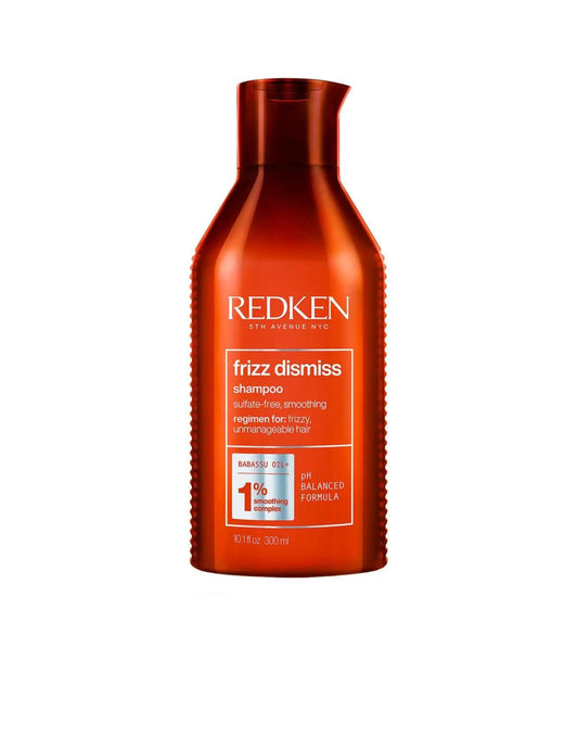 Redken Frizz Dismiss Shampoo bottle, anti-frizz formula for all hair types, 300ml, smooths hair and controls humidity.