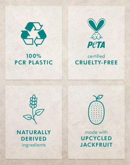 Eco-friendly product labels showcasing 100% PCR plastic, cruelty-free certification, natural ingredients, and upcycled jackfruit.