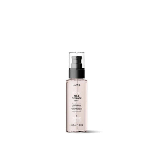 Lakme Full Defense Serum bottle for hair repair, protection against pollution, and UV rays with fresh eucalyptus fragrance.
