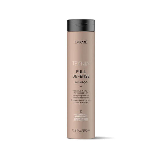 Full Defense Shampoo by Lakme in a sleek bottle, protects hair from pollutants and UV damage, with a fresh eucalyptus scent.