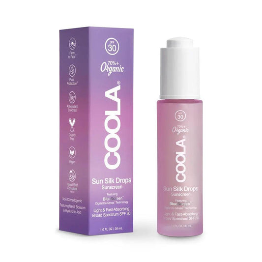 Coola Full Spectrum 360° Sun Silk Drops SPF 30 with organic ingredients in a sleek bottle and box packaging.