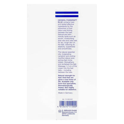 Gehwol Fusskraft Blue 75ml tube details, effective for dry, rough skin, foot odour prevention, made in Germany.