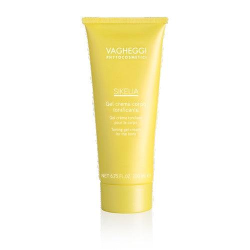 Sikelia Toning Gel Cream for the Body in a yellow tube, hydrating and firming skin with bergamot and clementine aroma.