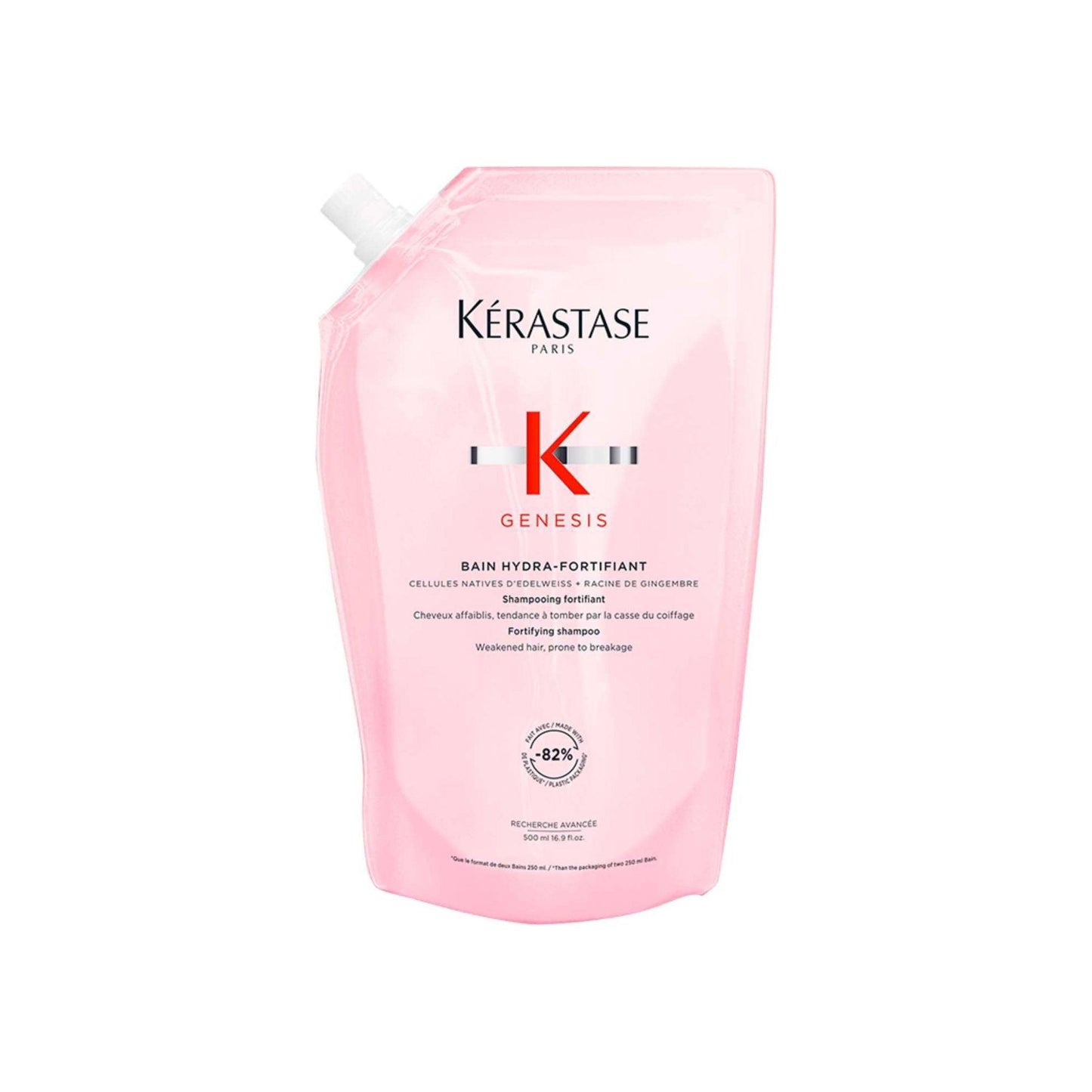 Kérastase Genesis Bain Hydra-Fortifiant Shampoo refill pouch made from 82% recycled plastic, promoting sustainable hair care.