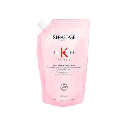 Kérastase Genesis Bain Hydra-Fortifiant Shampoo refill pouch made from 82% recycled plastic, promoting sustainable hair care.