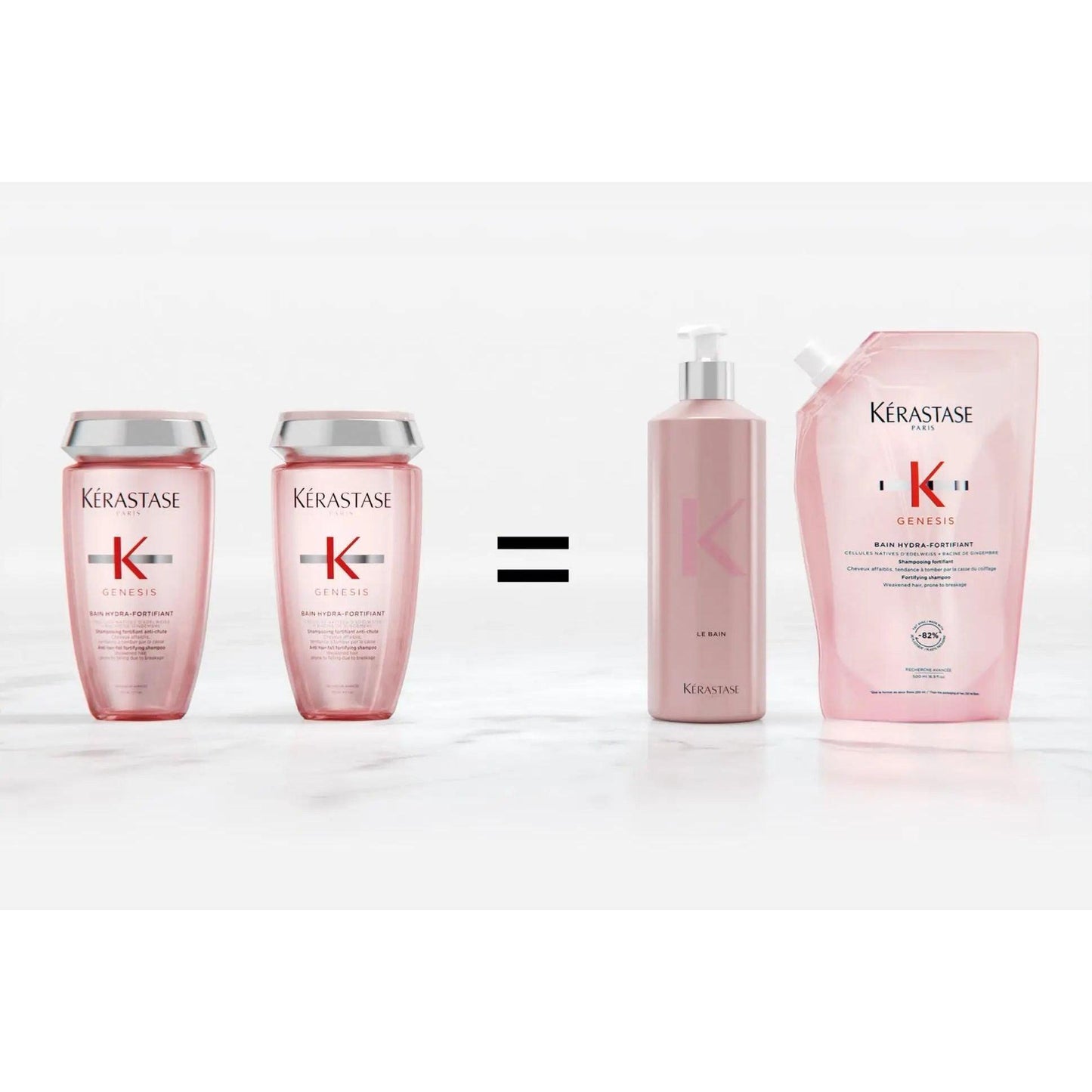 Kérastase Genesis shampoo and refill pouch showing sustainable hair care solution.