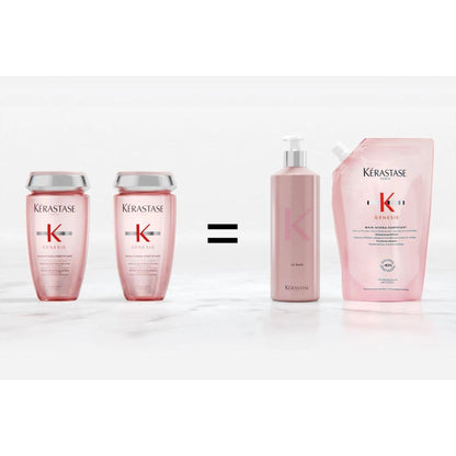 Kérastase Genesis shampoo and refill pouch showing sustainable hair care solution.