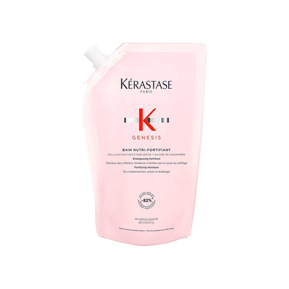 Kérastase Genesis Bain Nutri-Fortifiant refill pouch, eco-friendly packaging, 82% recycled plastic, hair care solution.
