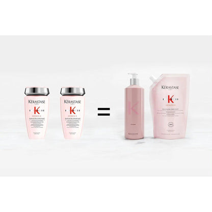 Kérastase Genesis Bain nutri-fortifiant bottles and refill pouch, highlighting sustainable hair care options.