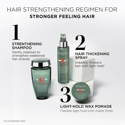 Hair strengthening regimen with Kérastase products: shampoo, thickening spray, and wax pomade for stronger hair.