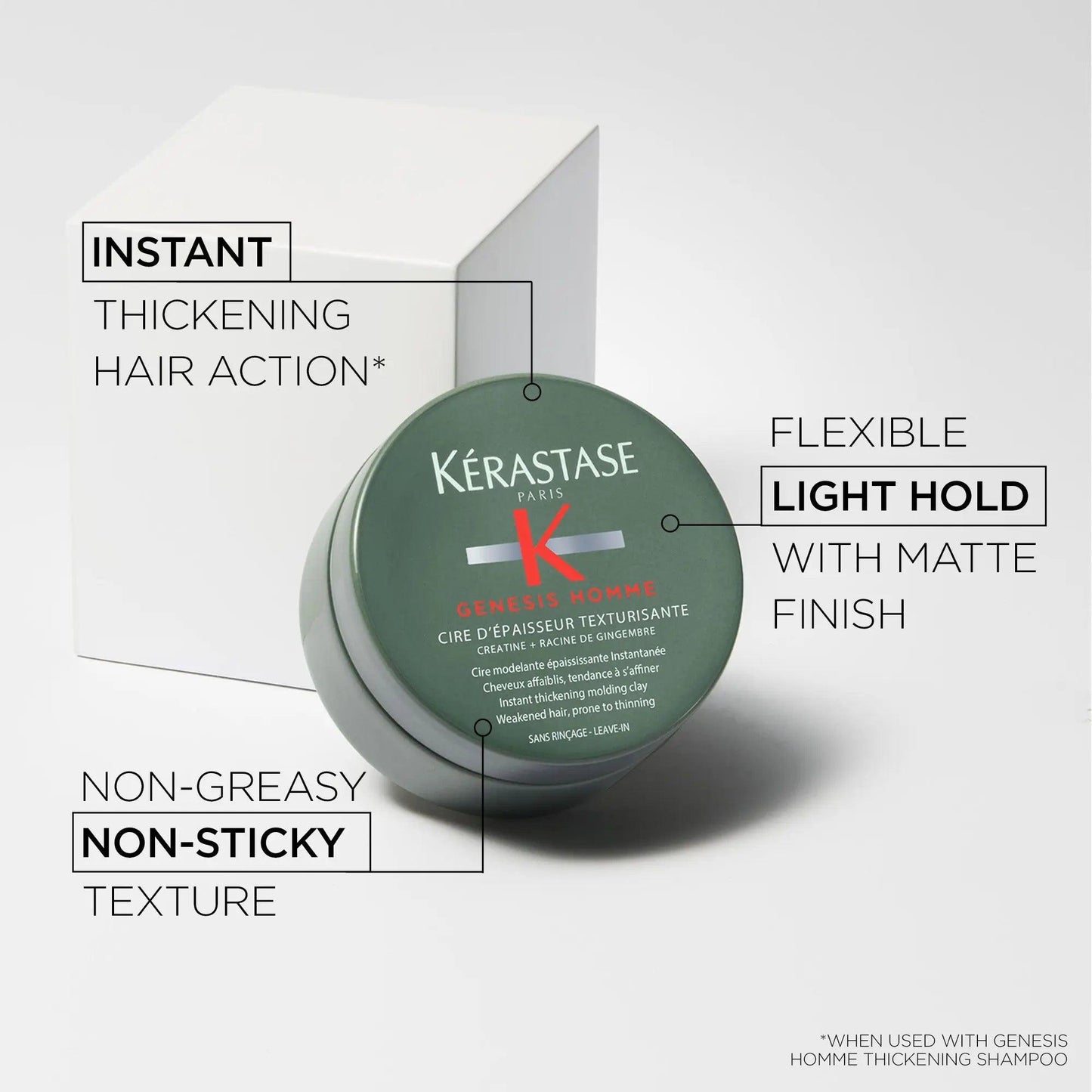 Kérastase Genesis Homme Cire d'Épaisseur Texturisante in a jar showcasing texturizing benefits and flexible light hold.