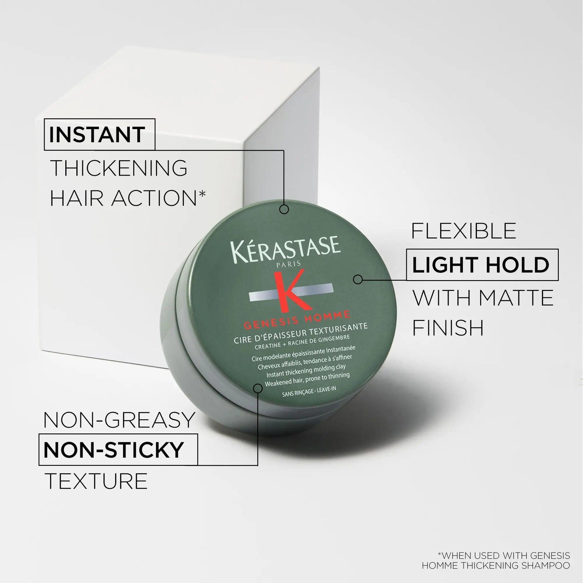 Kérastase Genesis Homme Cire d'Épaisseur Texturisante in a jar showcasing texturizing benefits and flexible light hold.
