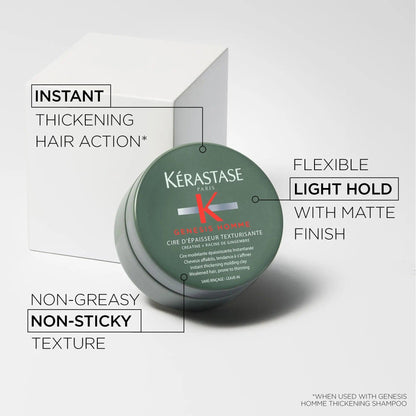 Kérastase Genesis Homme Cire d'Épaisseur Texturisante in a jar showcasing texturizing benefits and flexible light hold.