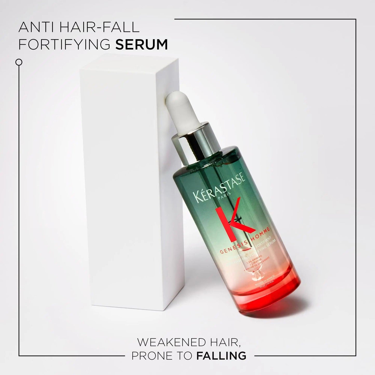 Kérastase Genesis Homme Anti Hair-Fall Fortifying Serum in a stylish bottle promoting healthy hair growth and tackling hair loss.