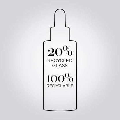 Illustration of a serum bottle made from 20% recycled glass and 100% recyclable materials.