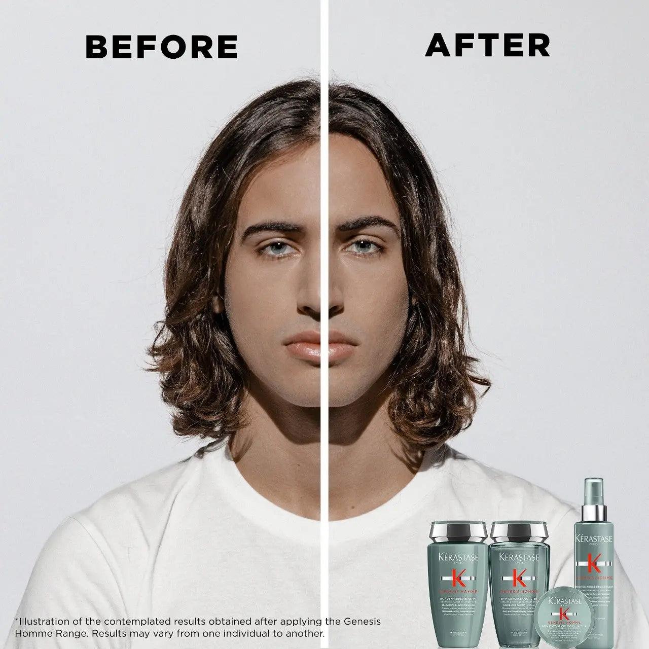Before and after results of Kérastase Genesis Homme hair thickening spray on men's hair.