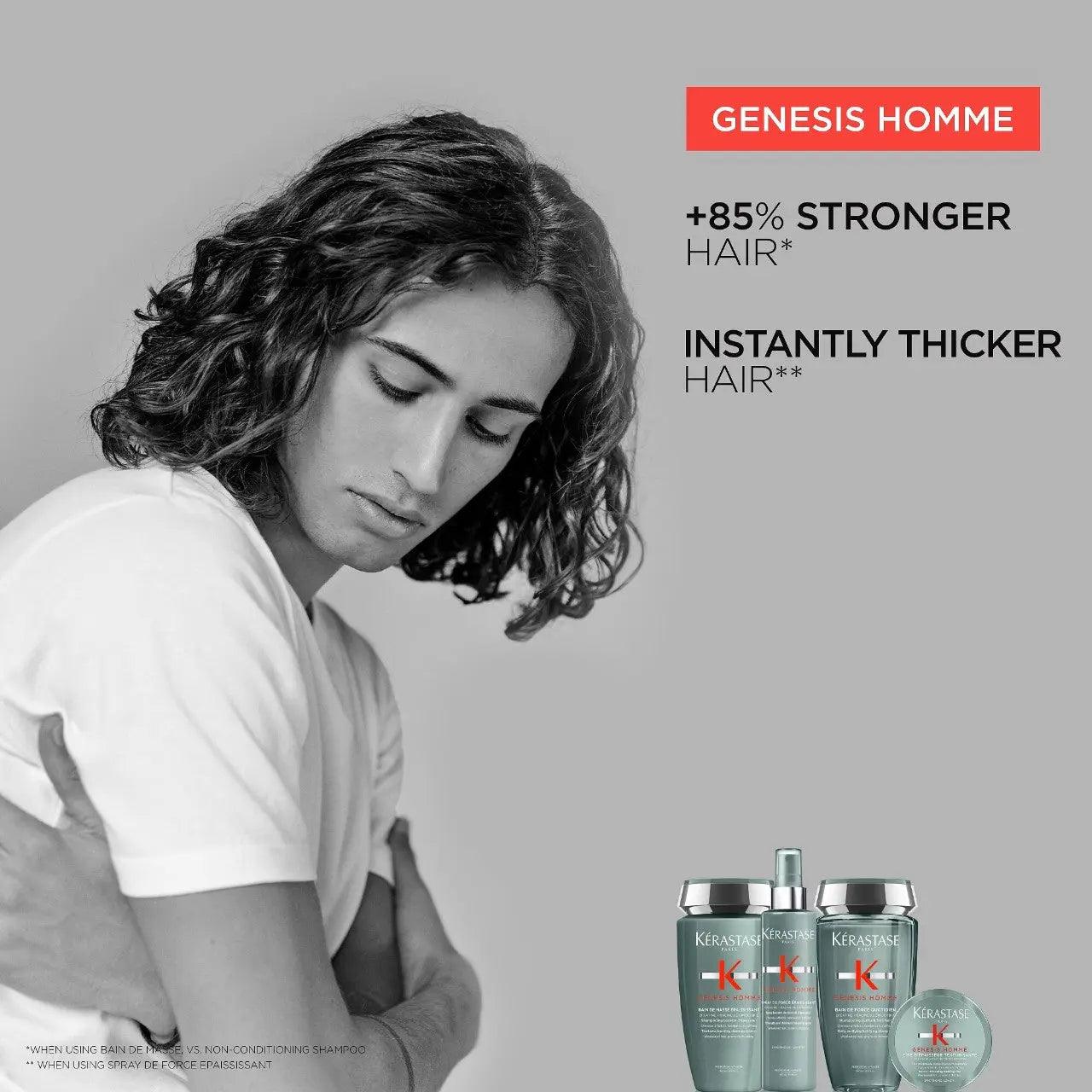 Kérastase Genesis Homme spray for men's hair, promoting stronger and thicker hair for all textures.