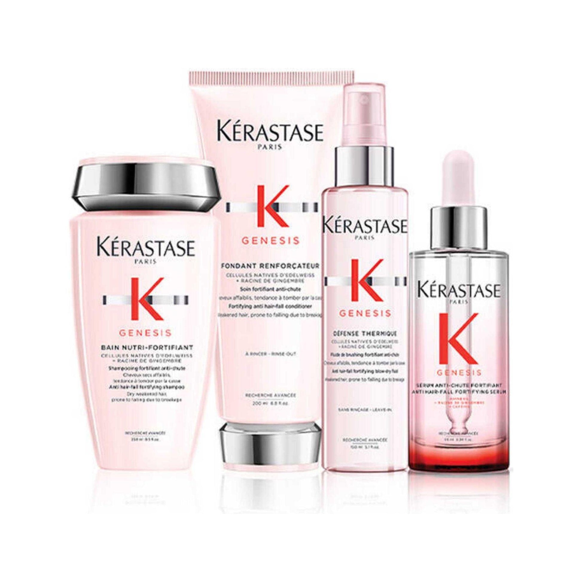 Kérastase Genesis hair care set for normal to fine, dry, and weakened hair featuring nourishing shampoos and treatments.