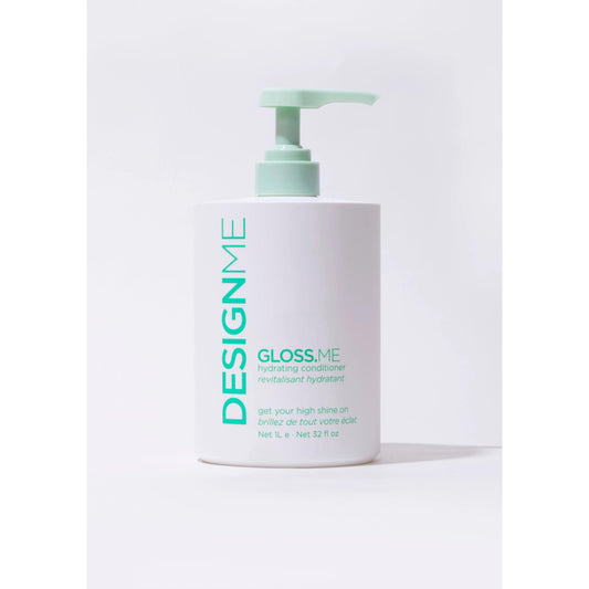 Design.Me Gloss.Me Hydrating Conditioner, 32 fl oz bottle on white background, green pump, moisture and shine for hair care.