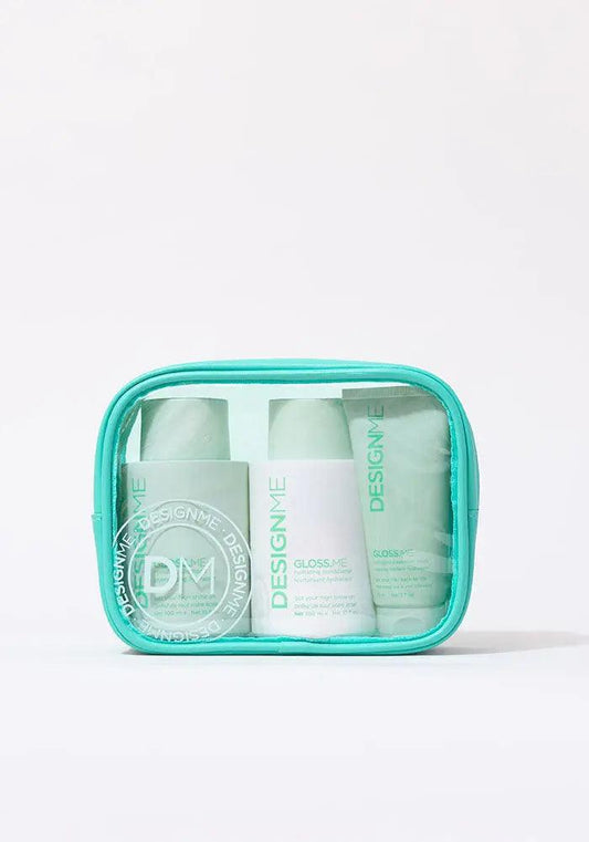 GLOSS.ME Hydration Glitz Kit featuring hydrating shampoo, conditioner, and treatment mask in a stylish travel pouch.