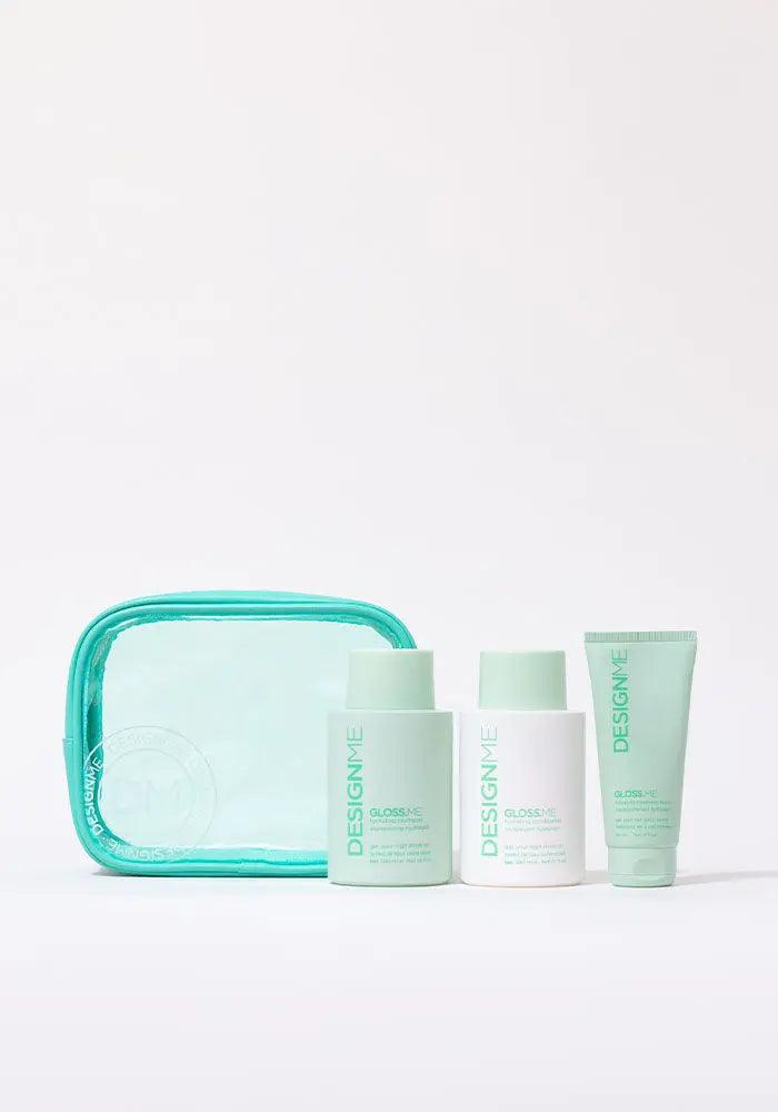 GLOSS.ME Hydration Glitz Kit featuring shampoo, conditioner, and treatment mask in a teal pouch for smooth, shiny hair.