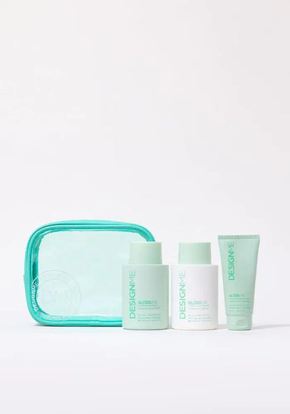 GLOSS.ME Hydration Glitz Kit featuring shampoo, conditioner, and treatment mask in a teal pouch for smooth, shiny hair.
