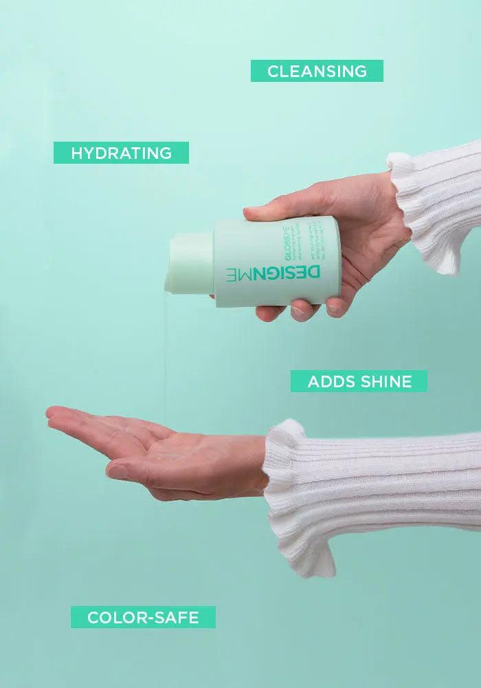 Model demonstrating GLOSS.ME hydration shampoo with text labels for hydrating, cleansing, adding shine, and color-safe features.