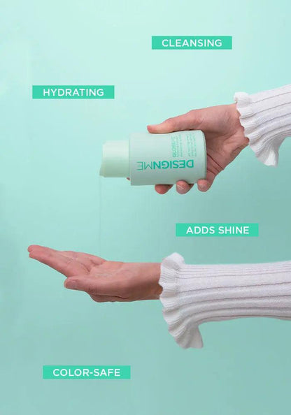 Model demonstrating GLOSS.ME hydration shampoo with text labels for hydrating, cleansing, adding shine, and color-safe features.