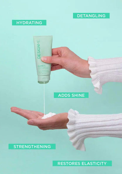 Hand holding a hydrating hair product tube with benefits like detangling, shine, strengthening, and restoring elasticity.