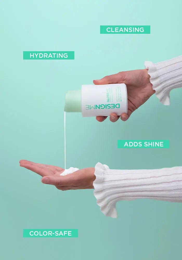 GLOSS.ME hydration kit showing shampoo pouring into a hand, highlighting cleansing, hydrating, color-safe, and shine-adding benefits.