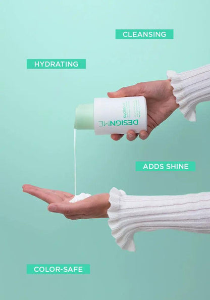 GLOSS.ME hydration kit showing shampoo pouring into a hand, highlighting cleansing, hydrating, color-safe, and shine-adding benefits.