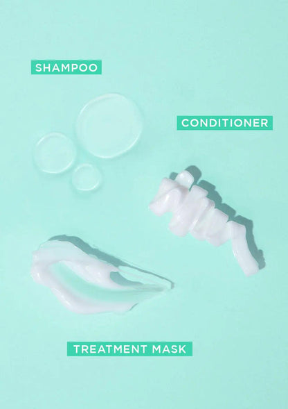 GLOSS.ME Hydration Glitz Kit featuring hydrating shampoo, conditioner, and treatment mask on a turquoise background.