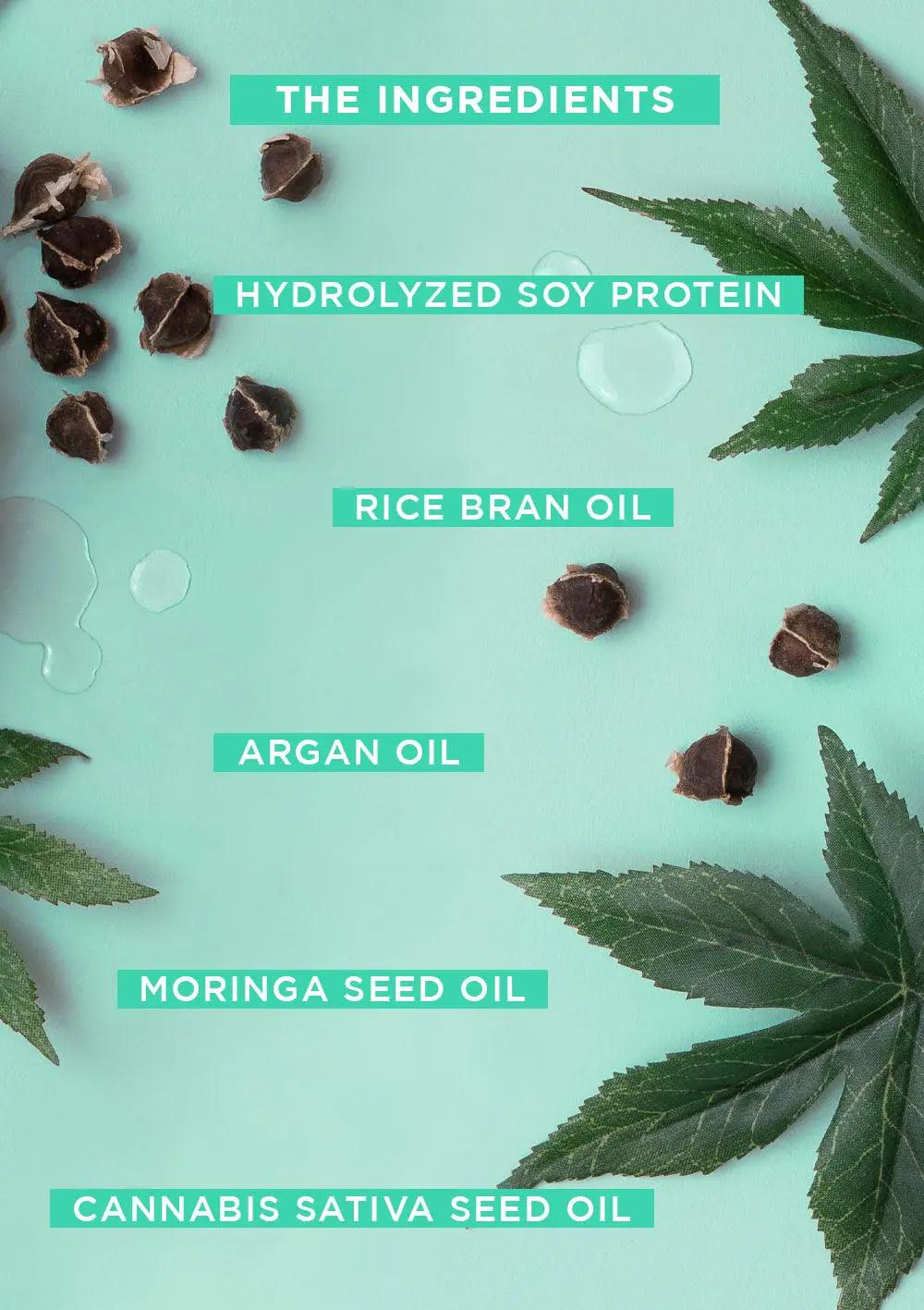 Ingredients display featuring hydrolyzed soy protein, rice bran oil, argan oil, moringa seed oil, and cannabis sativa seed oil.