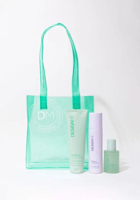 GLOSS.ME Hydration Glow & Go Kit featuring hydrating mask, leave-in treatment, serum, and transparent green tote bag.